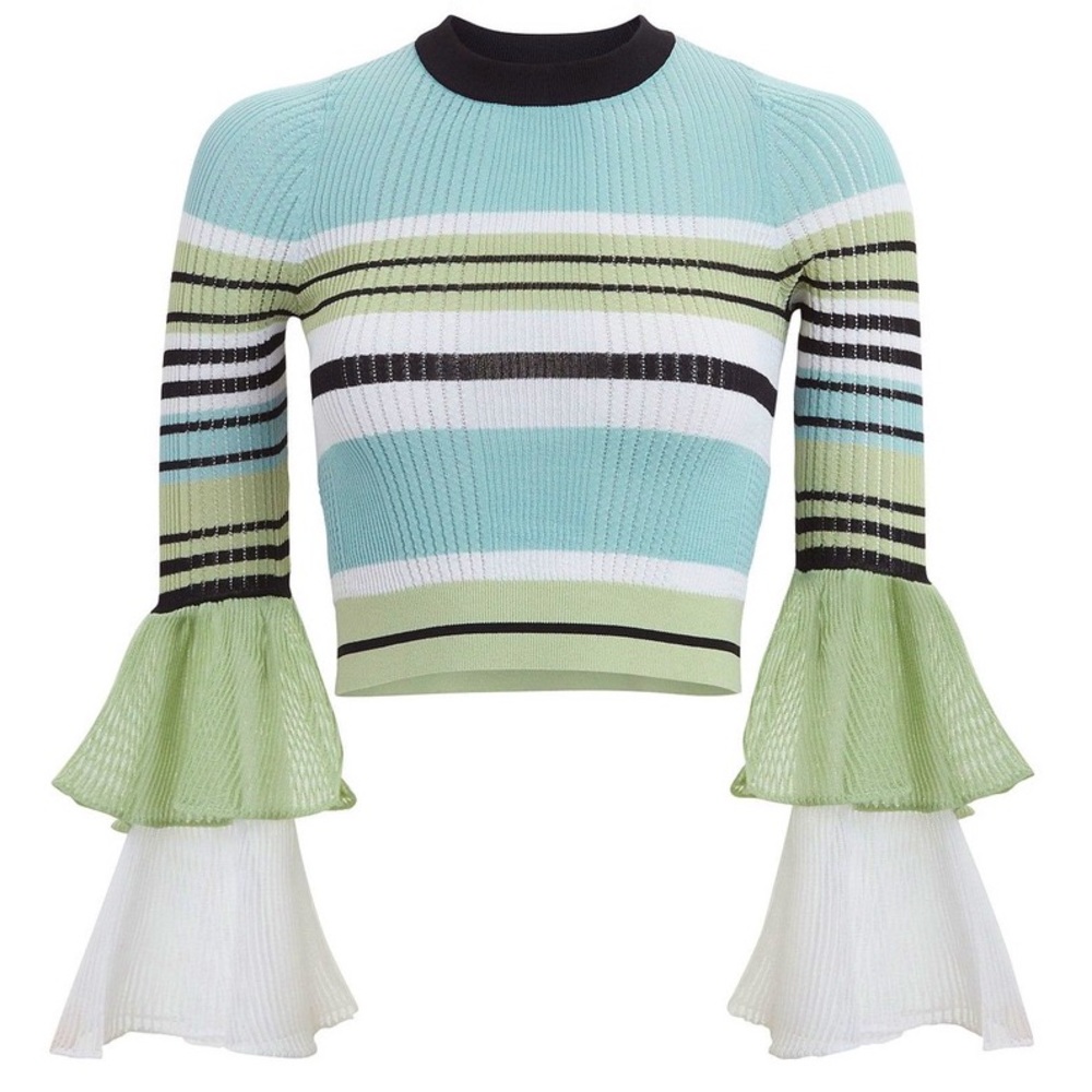 Self-Portrait Multi Stripe Fine Knit Top Flutter Sleeves